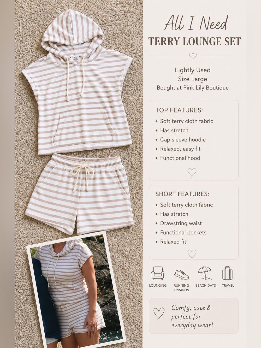 Pink Lily Striped Terry Hoodie & Shorts Set — Cream & Light Taupe
